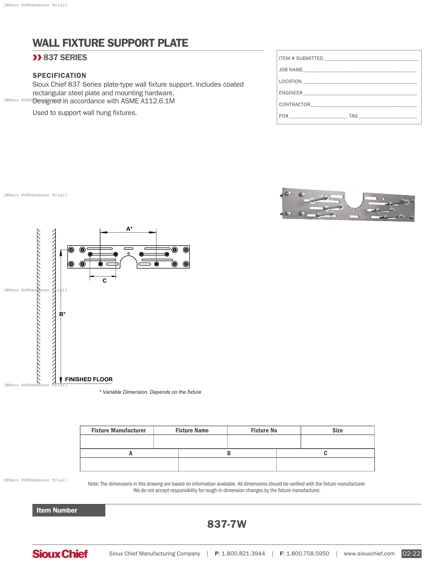 837 SERIES - WALL FIXTURE SUPPORT PLATE - SPEC SHEET.PDF Specification Document